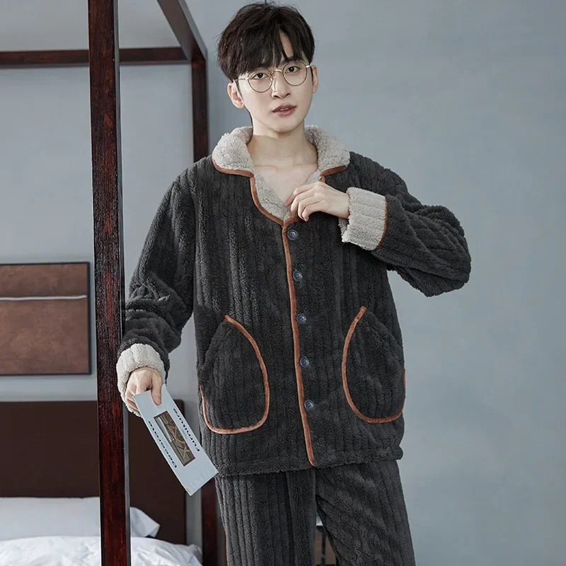 Fashion n Pajamas Set Men Autumn Winter Flannel Thermal Lapel Coral Fleece Loungewear Suit Male Comfortable Warm Homewear 250103