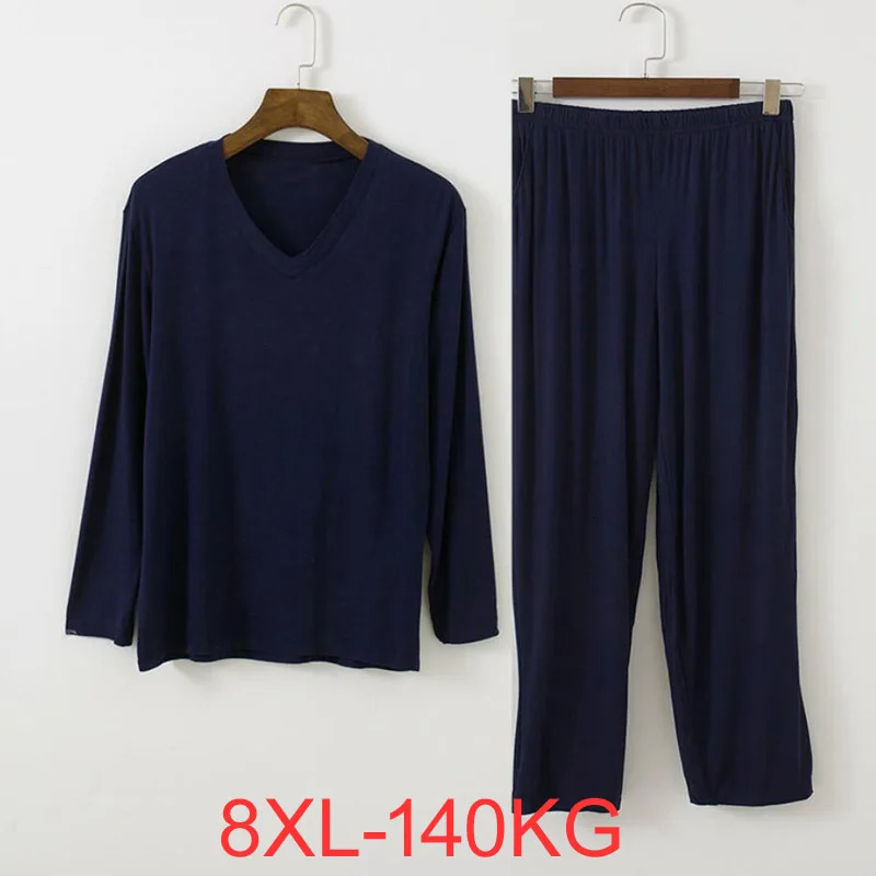 Plus Size 8XL 140KG Men Pajamas Sets V Neck Modal Long Sleeve Tops Pants Home wear Breathable Casual Soft Male Sleepwear 250103