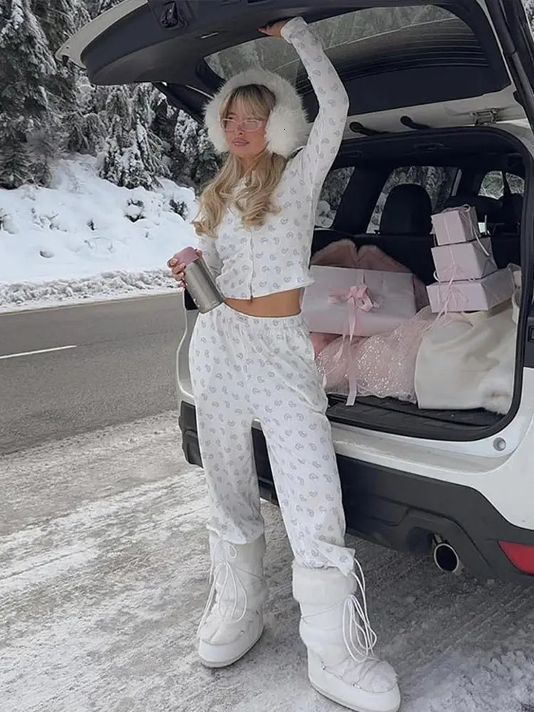 3 Pieces Pajama Sets Women Printed Spaghetti Strap Top Long Sleeve Cardigan Elastic Wide Leg Pants Sleepwear Nightwear Homewear 250103