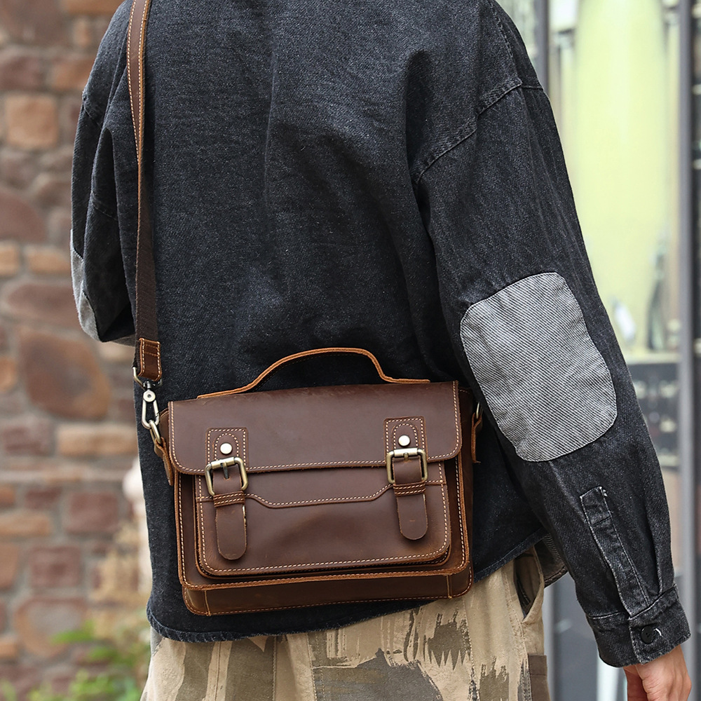 New Small Square Casual Shoulder Crazy Horse Leather Handbag, Crossbody Bag, Men's Style