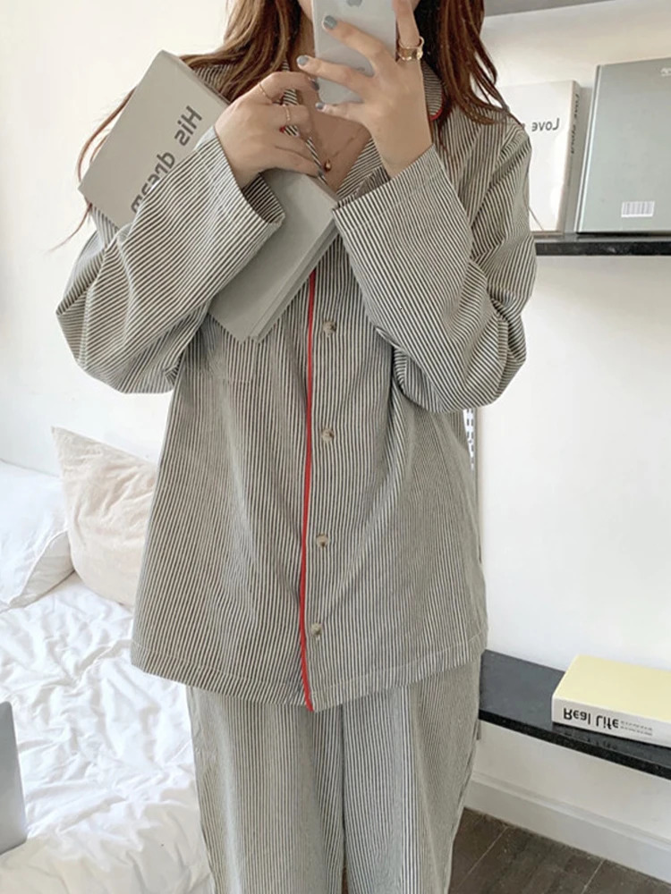 Korean Fashion Striped Leisure Wear Pajama 2 Piece Set Women Nightgown Cosplay Sexy Autumn Winter Sets 250103