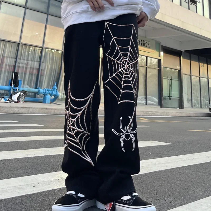 Y2K Jeans for Men Hip Hop Vintage Skull Embroidery Baggy Jeans Straight Casual Loose Wide Leg Trousers Streetwear Man Pants 241230