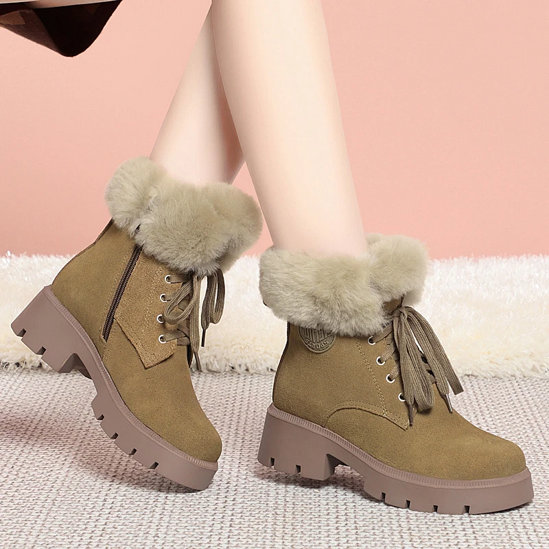 AIYUQI Winter Snow Boots Women Genuine Leather Suede Natural Wool Women Winter Boots Platform Anti Slip Women Ankle Boots