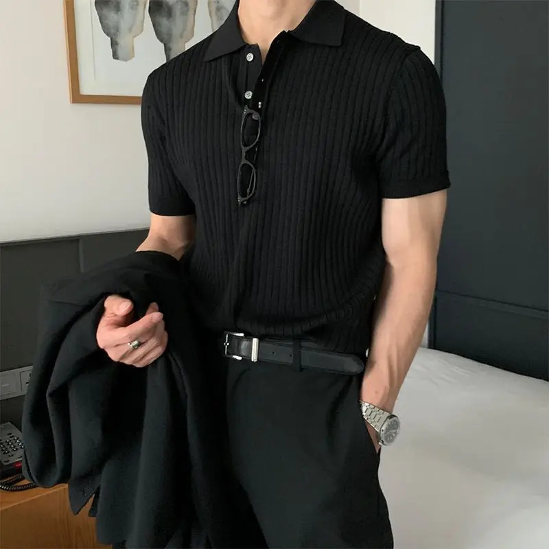 Elegant and fashionable Harajuku slim fit Ropa Hombre loose casual full matching T-shirt with solid buttons and a short sleeved polo shirt 241230