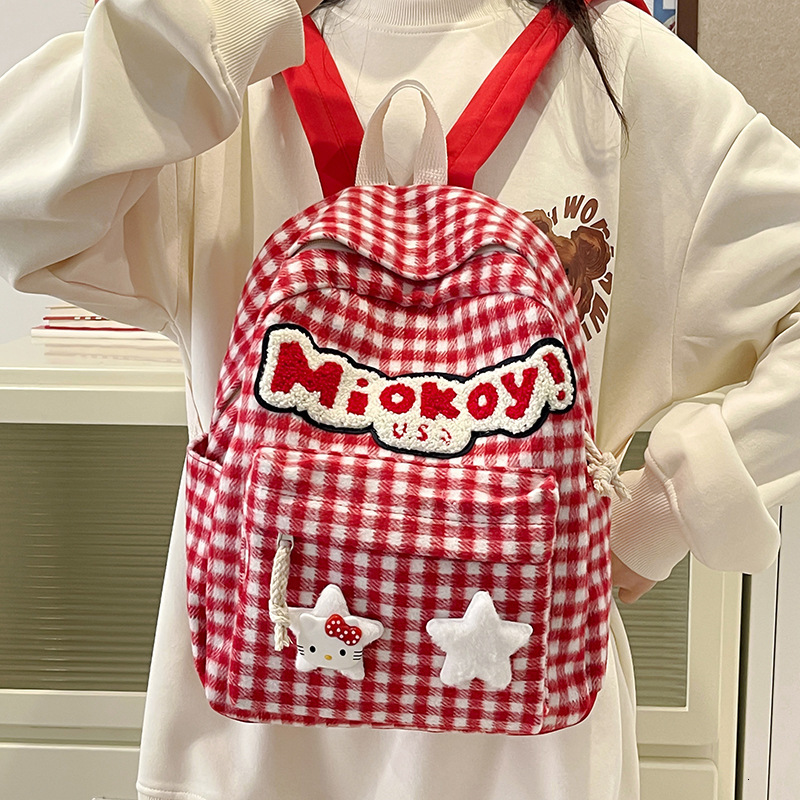Red checkered cute student backpack, female travel, spring outing cartoon backpack