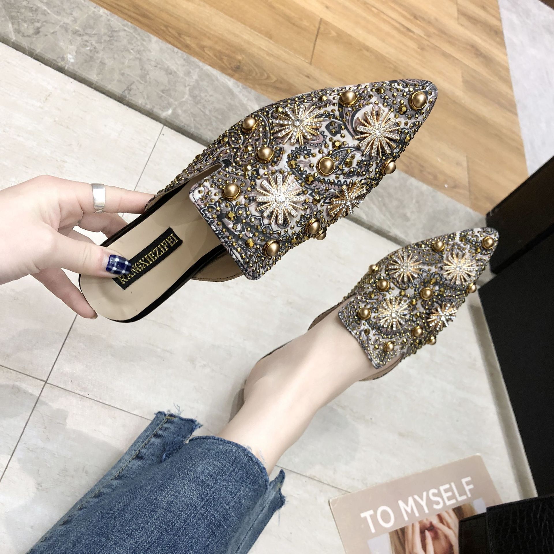 Summer Ddmywed Spring New Sexy Print Hot Drilled Rivet Pearl Pointed Bun Head Graffiti Slippers Chinese Brand Shoes F Ddmysaturn