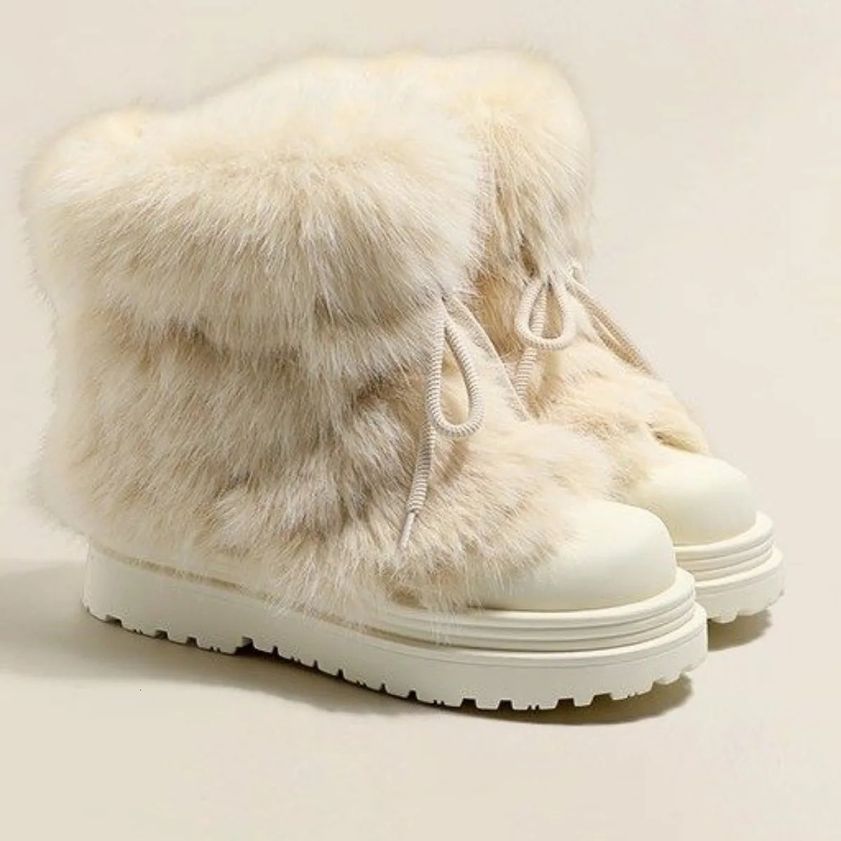 Faux Fur Boots for Women Warm Comfortable Woman Ski Boots 2024 Winter Middle Claf Lace-up Waterproof Platform Snow Boots Black 250103