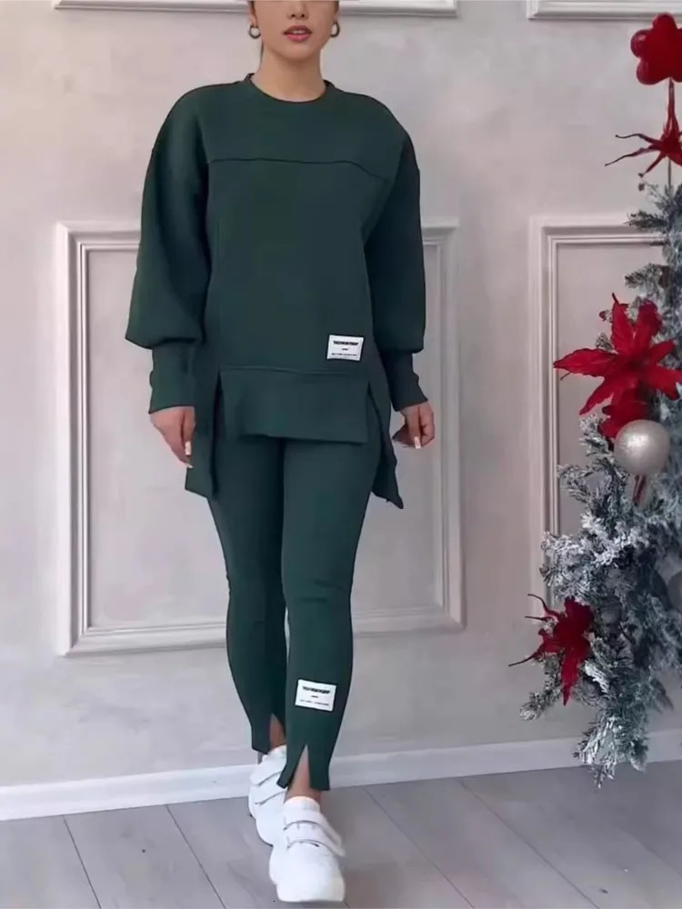 Womens casual sportswear set for autumn and winter fashion solid loose irregular sportswear top and ultra-thin Trouser two-piece set 241230