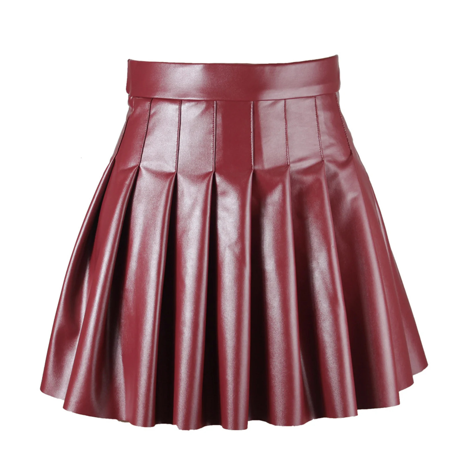 Women High Waist A-line Pleated Skirt y2k E Punk Gothic Black Latex Side Invisible Zip Flared Mini Skirts Chic Club Wear 241224