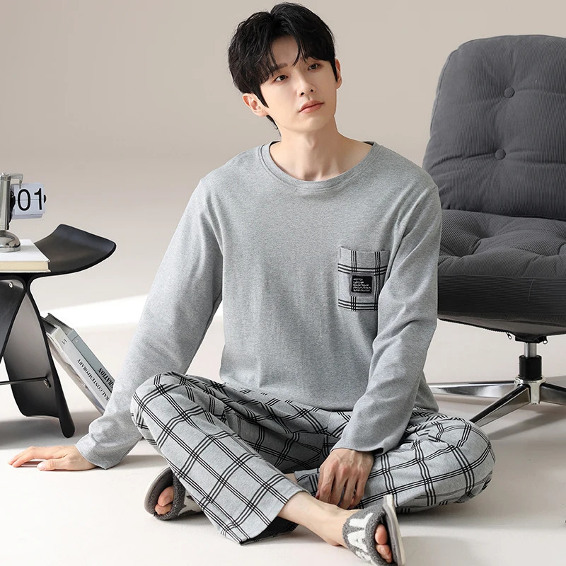 L6XL Striped Print Oneck Plus Size Mens Pajamas Fashion Mature Men Combed Cotton Nightwear Autumnwinter Lounges Y2k 250103