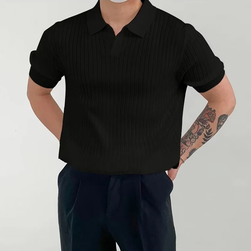 Fashion knitted solid color mens polo shirt ultra-thin short sleeved lapel ribbon polo T-shirt summer mens clothing casual top 241230