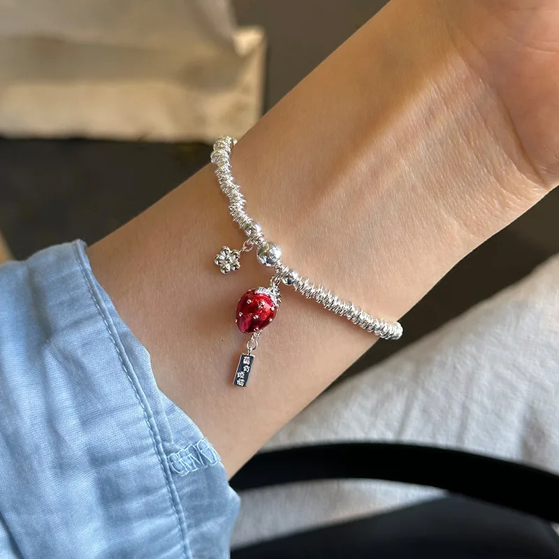 Berry Trouble Bracelet 925 sterling silver red oil drop strawberry long silver round bead bracelet for women B3273 250102