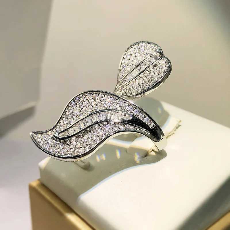 925 Silver Exaggerated Micro-set Zircon Ring Temperament Large Willow Full Diamond Ring Female Party Wedding Jewelry GiftXJ250104