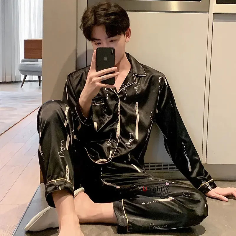 Men Silk Pajamas Trousers Suit Full Body Pajama Homewear Oversize Sleepwear y for Autumn Winter 5XL 250103