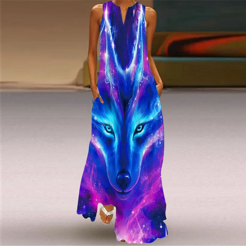 Retro printed womens summer loose sleeveless long skirt elegant womens V-neck pocket bohemian beach sun skirt Vestdos 250103