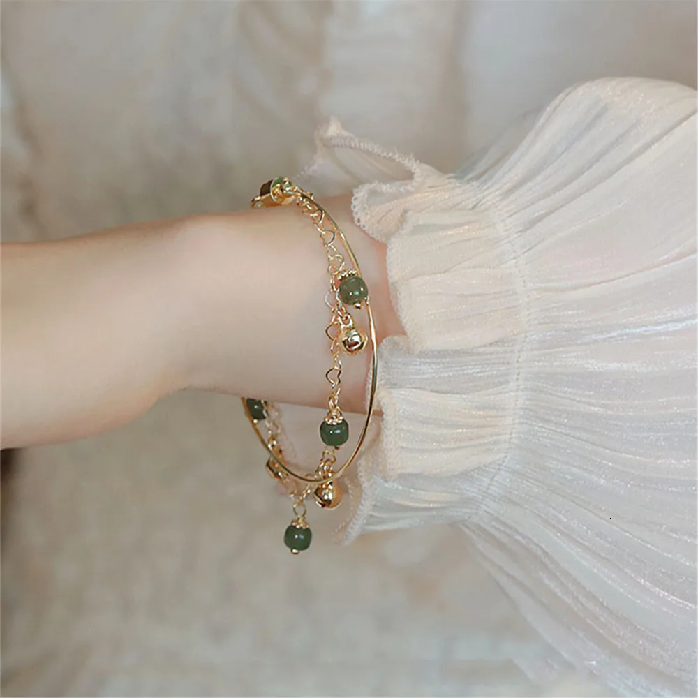 Handmade Natural Hetian Jade Pearl Bell Charm Bracelet Womens Ins Niche Double layer Stacking Wear Romantic Antique Jewelry 250102