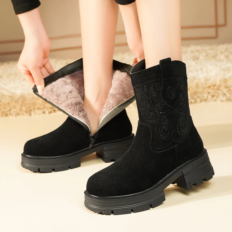 AIYUQI Western Cowboy Boots Women Genuine Leather Winter Shoes Boots Women Short Tube Fashion Women's Snow Boots