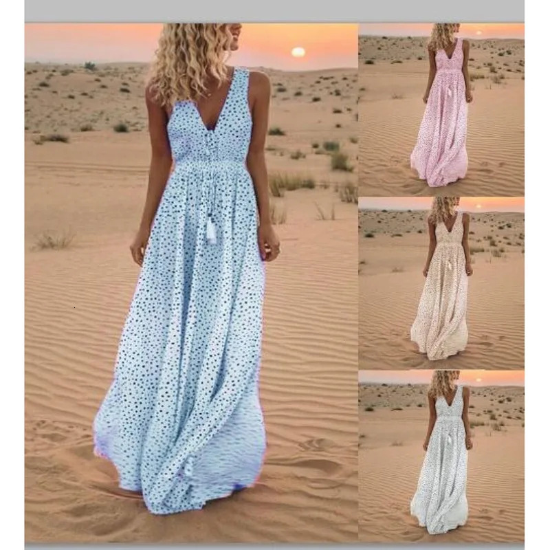 Casual printed fashionable sleeveless vest long dress 2025 summer bohemian V-neck loose A-line dress elegant beach party dress long robe women 250103