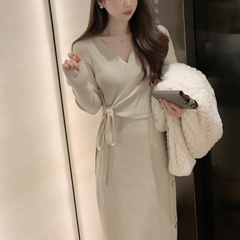 ML11 wool knitted encrypted lace-up dress for women in autumn and winter, new mid-length sweater dress