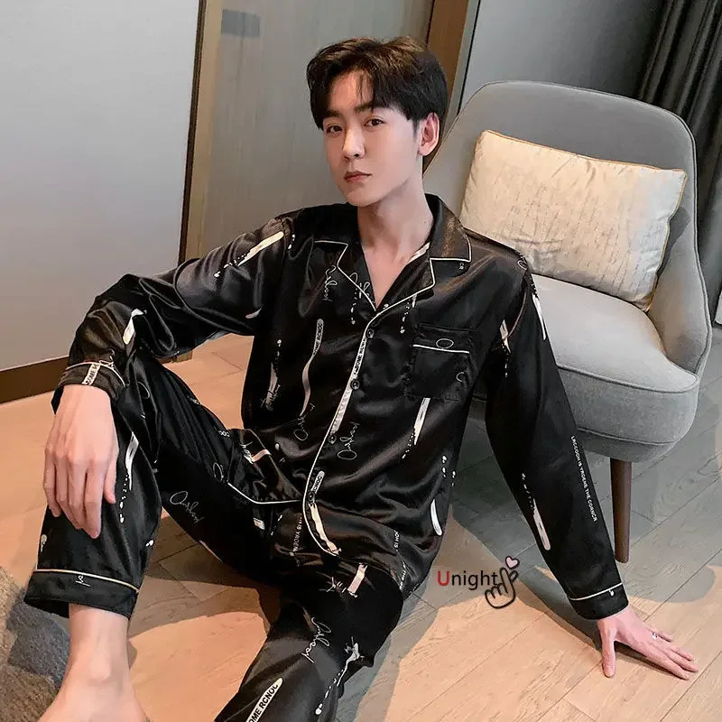 Men Silk Pajamas Trousers Suit Full Body Pajama Homewear Oversize Sleepwear y for Autumn Winter 5XL 250103
