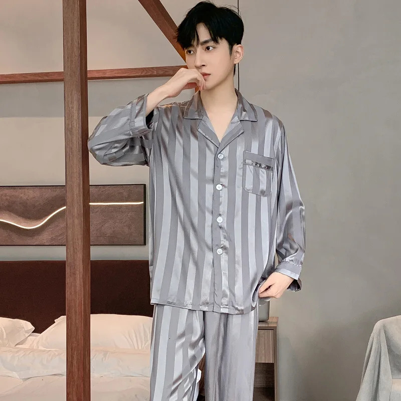 Mens Pajama Summer Longsleeved Ice Silk High Quality Stain Sleepwear Suit Home Clothes Male Night Wear Pyjamas Gentlemen 250103