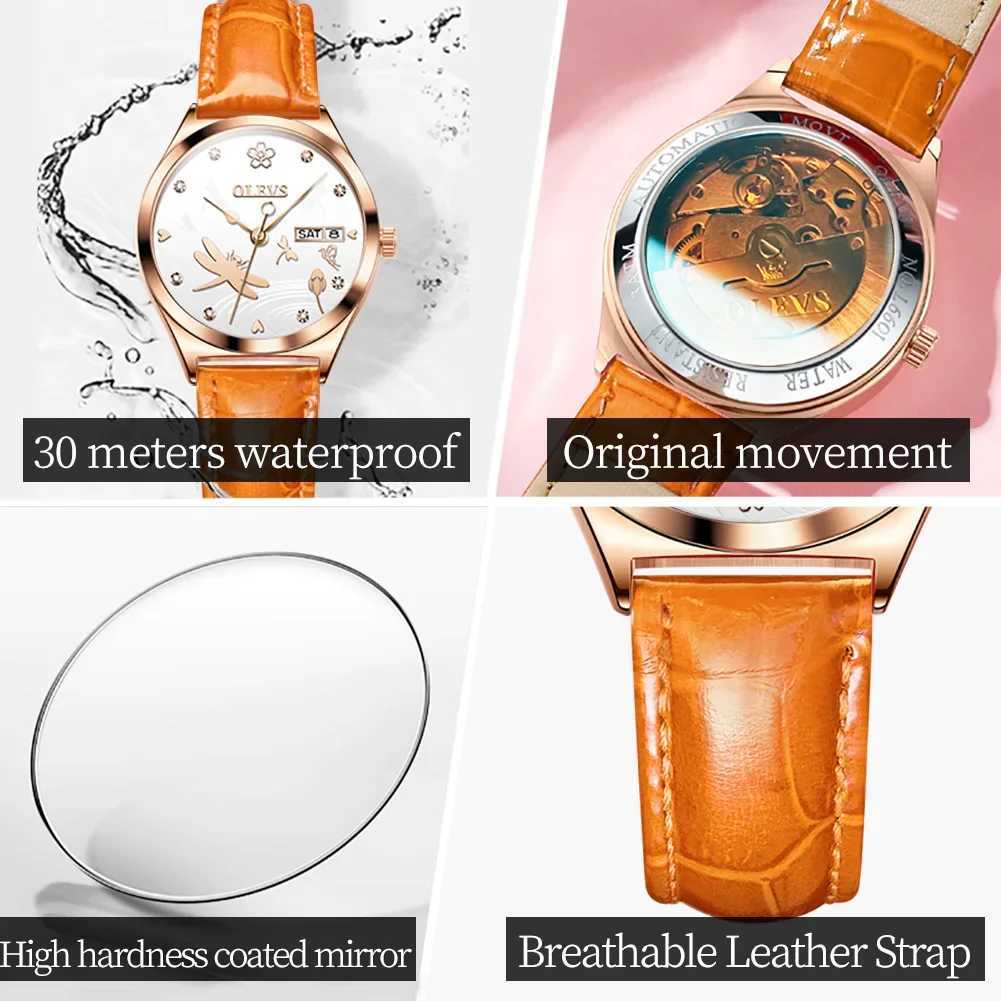 OLEVS Womens Automatic Mechanical Luxury Leather Str Dragonfly Skeleton Dial Fashion Womens Watch Reloj Mujer W250104