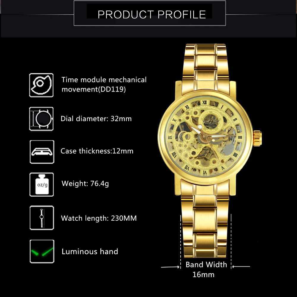 Winner Official Brand Luxury Elegant Womens Skeleton Automatic Mechanical Gold Stainless Steel Womens Watch W250104