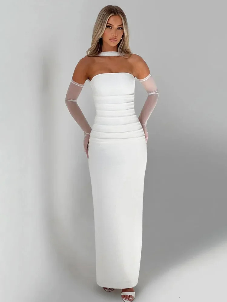 Fashion Strapless Backless With Silk Scarf Maxi Dress Women Chic Off Shoulder Bodycon Long Dresses Sexy Party Evening Robe 250103