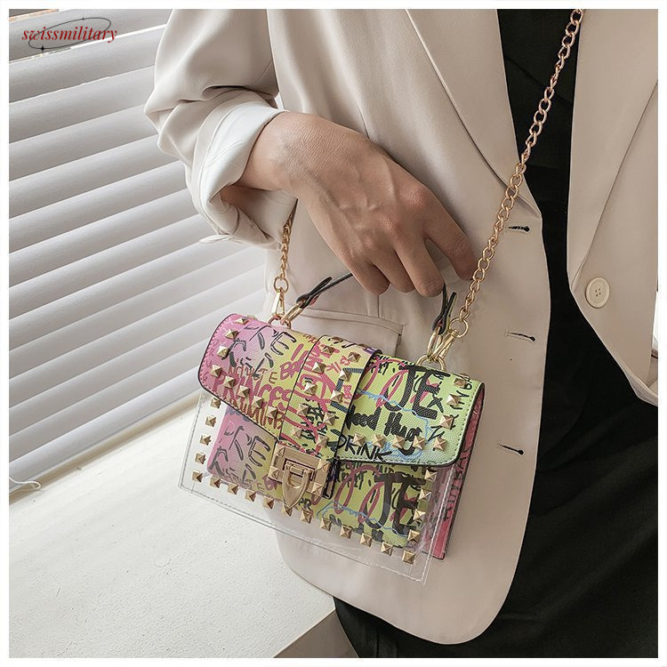 Bag girl funny graffiti letter small square Fu Shang shoulder transparent jelly chain crossbody bag #31 swissmilitary