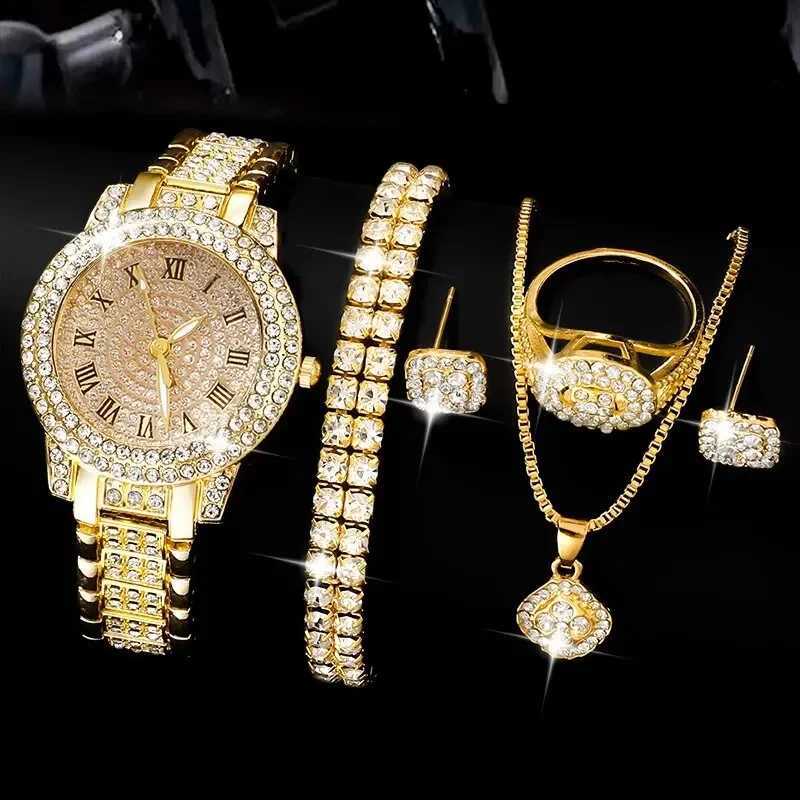 Golden womens ring necklace earrings rhinestone fashion watch womens casual womens bracelet set clock W250104