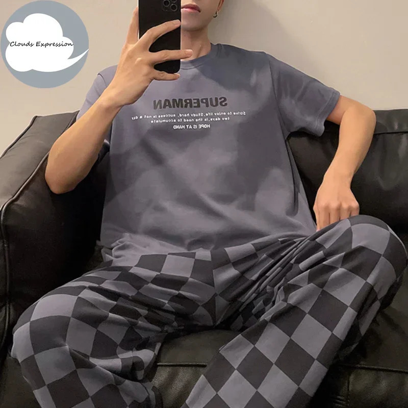 Summer Knitted Plaid Cool Mens Pyjamas Pajamas Casual Pjs Lounge Sets Masculine Sleepwear Nightwear Pijamas 3XL Homewear Fashion 250103