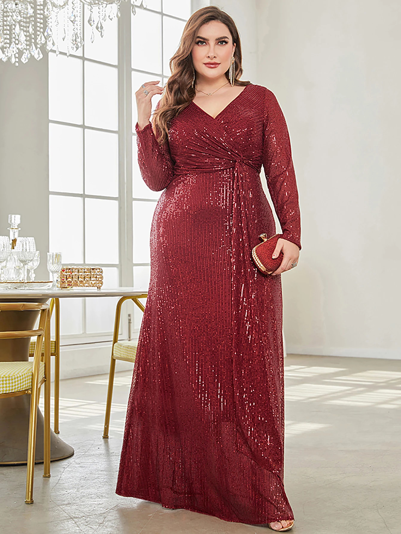 XUIBOLs charming sequined party dress featuring a V-neck and sleeping gown. 250103