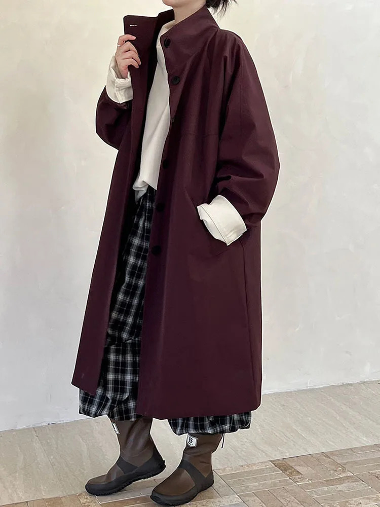 EAM Women Navy Blue Big Size Long Elegant Trench Stand Collar Long Sleeve Windbreaker Fashion Spring Autumn 2024 1DH6843 241224