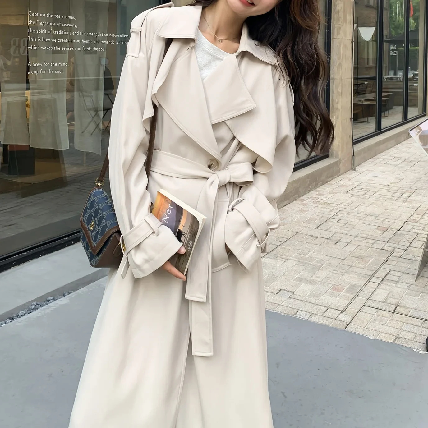 Loose Long Trench Coat In Beige Autumn 2024 Double Breasted Sleeve Elegant Slimming Korean Style Womens Outerwear 250102