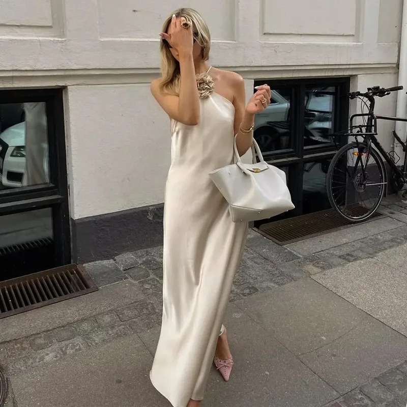 TRAF Flower Satin Long Dress Women Off Shoulder Halter Backless Dress Woman Summer Elegant Party Dresses Sexy Evening Dresses250103
