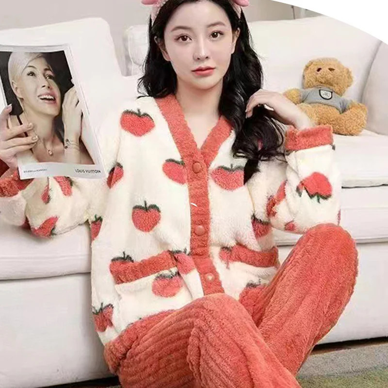 2Pcsset womens coral velvet pajamas small fragrant wind autumn and winter padded thickened warm peachcoloured student hom 250103