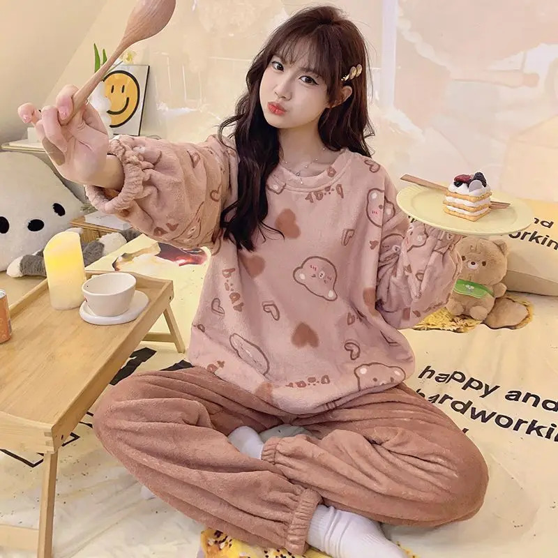 Keep Warm Womens Pajamas Set Femme Cartoon Print Top and Solid Pants Sleepwear Ladies Round Neck Long Sleeve 2 Pieces Homewear 250103