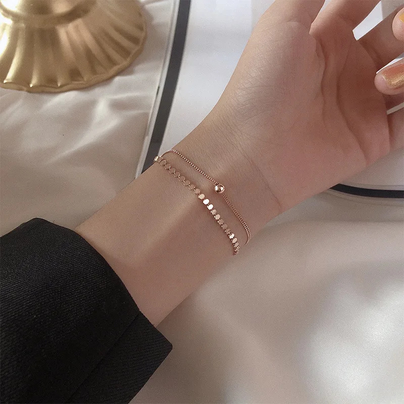 Silvology 925 Sterling Silver Double Layer Flat Round Beads Bracelets for Women Rose Gold Elegant Bracelets 925 Festival Jewelry 250102