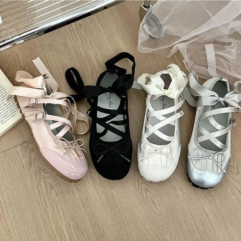 2024 Spring Mary Jane Cross Strap Flats Shoes Women Fashion Elegant Round Toe Ladies Comfort Soft Sole Ballerinas Shoes 250103