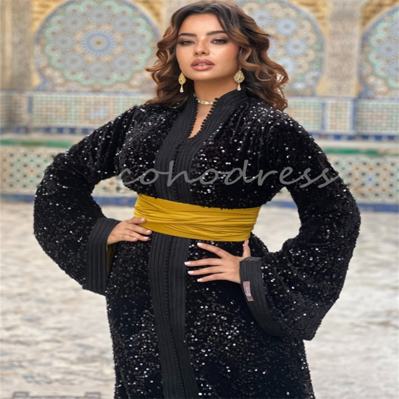 Shine Sequin Evening Dresses Arabian Caftan Plus Size Morocco Islamic Prom Dress Long Sleeve Black With Yellow Belt Moroccan Dubai Abaya Vestidos De N