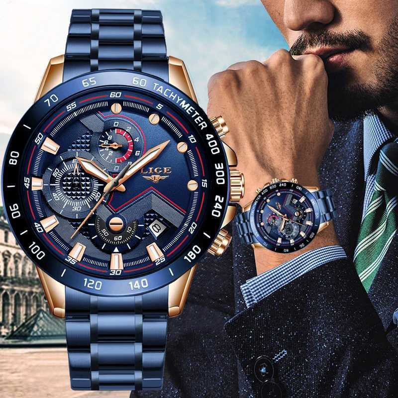LIGE Mens Top Luxury Stainless Steel Blue Waterproof Quartz Mens Fashion Timing Mens Sports Military W250104