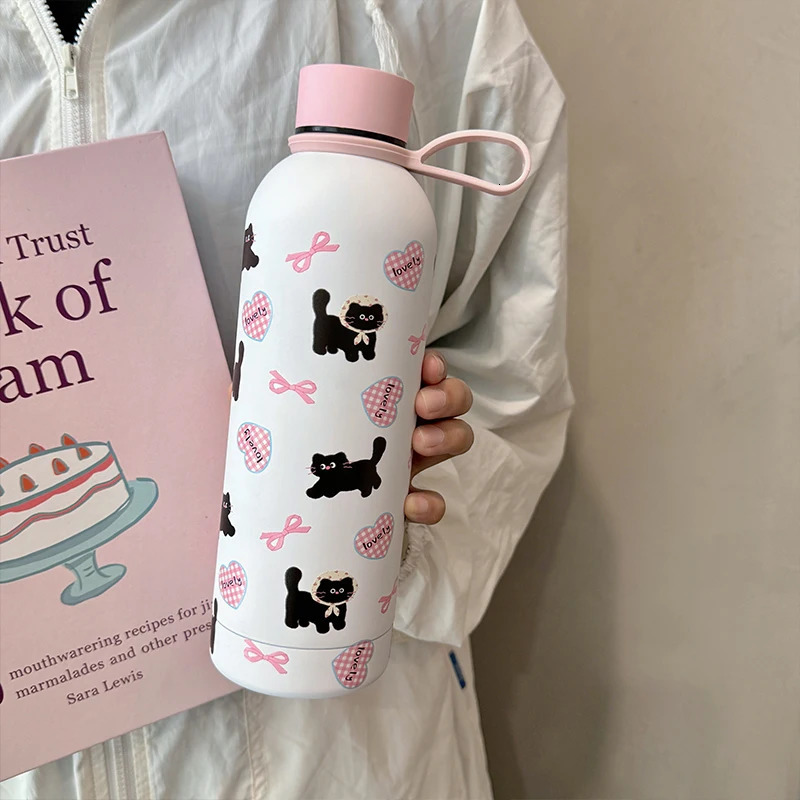 Cute Coffee Tumbler Stainless Steel Thermal Kawaii Cat Thermos Tea Cup Gift Girl Insulated Water Bottle With Handle 500ml 250103 W260226