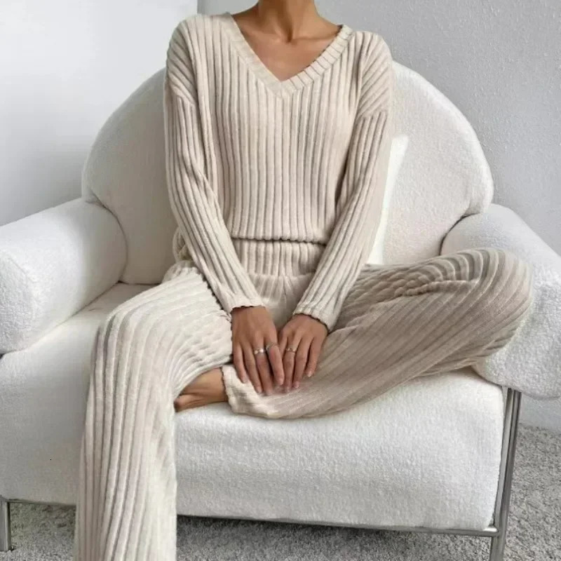 Womens Pajamas Autumn Winter Casual Straight Pants Pullover Sleepwear Loose V Neck Knitted Home Wear Two Piece Loungewear 250103
