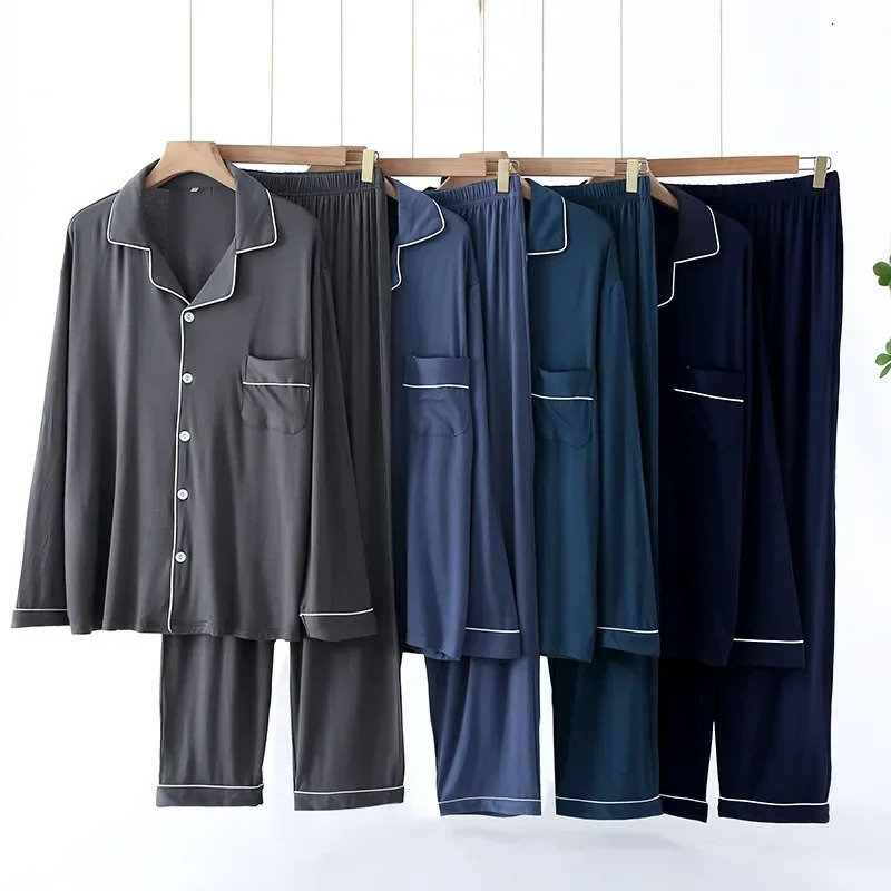 Trouser Pajamas Sets for Mens Spring and Autumn Long Sleeve Modal Thin PlusSized Homewear Suit Solid Colors Pyjama Men 250103