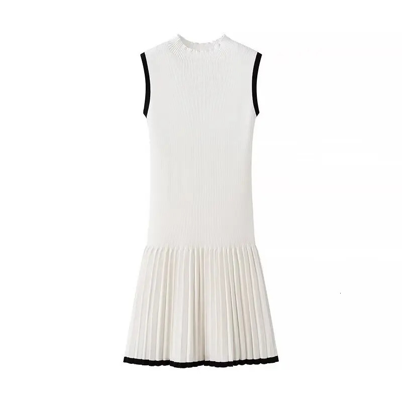 European and American style fashion contrast color round neck sleeveless knitted dress female temperament slim pleated short 250102
