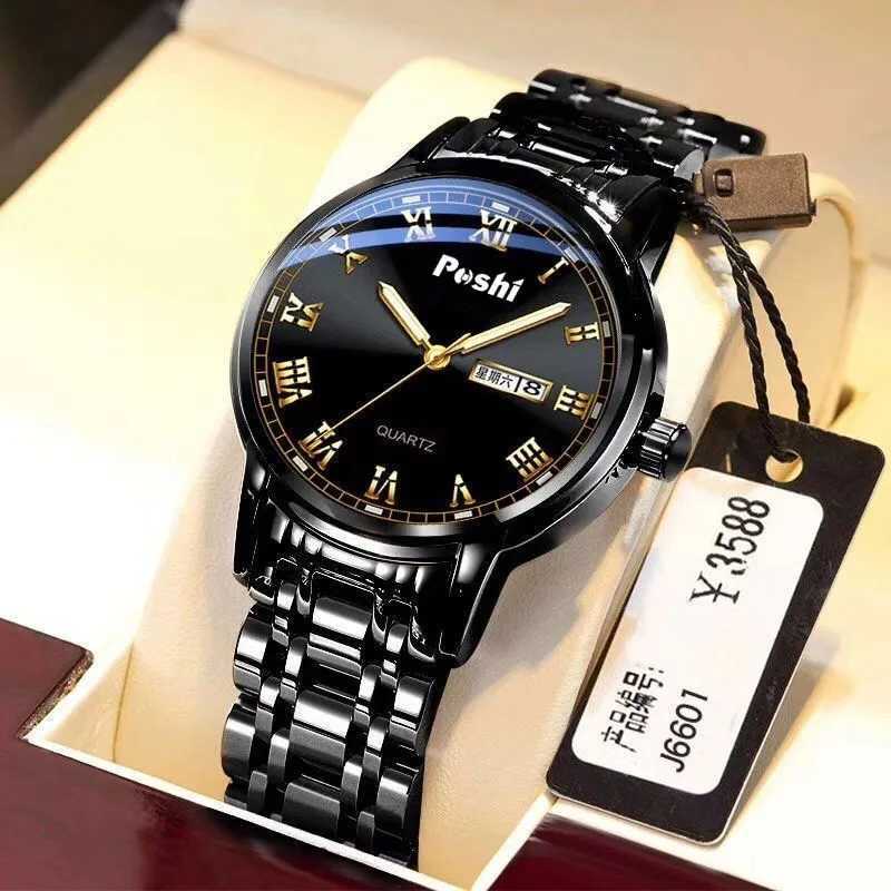 POSHI Mens Stainless Steel Top Luxury Button Hidden Buckle Waterproof Luminous Date Week Sports Watch W250104