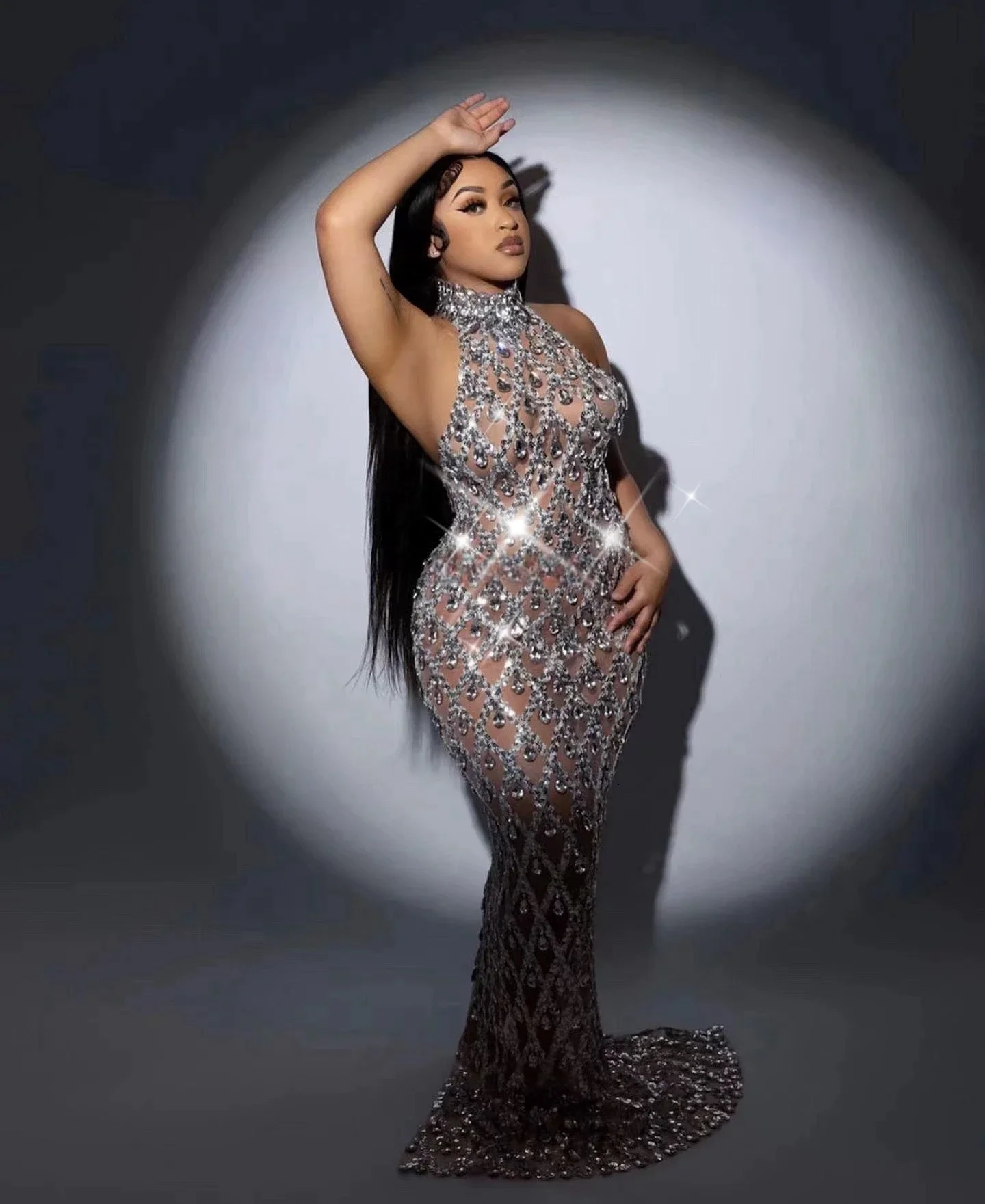 High Quality Flashing Silver Rhinestone Crystals Fringes Transparent Long Birthday Celebrate Evening Party Dress 250103