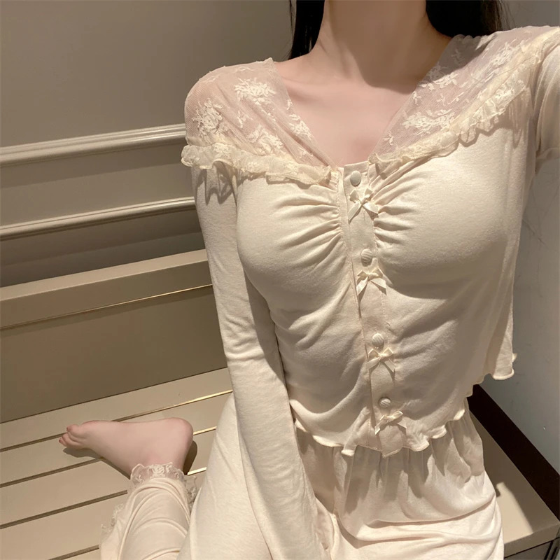 Spring and Autumn Womens Lace Simple Cotton Vneck Sexy Pajamas Warm Winter Long Sleeve Pants Set Home Clothing 250103