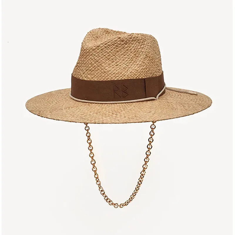 Chain Strap Straw Fedora Hat Embellished Beach Hats with Chain For Women Straw Woven Sun Hats Summer Holidaty Panama Hat 250103