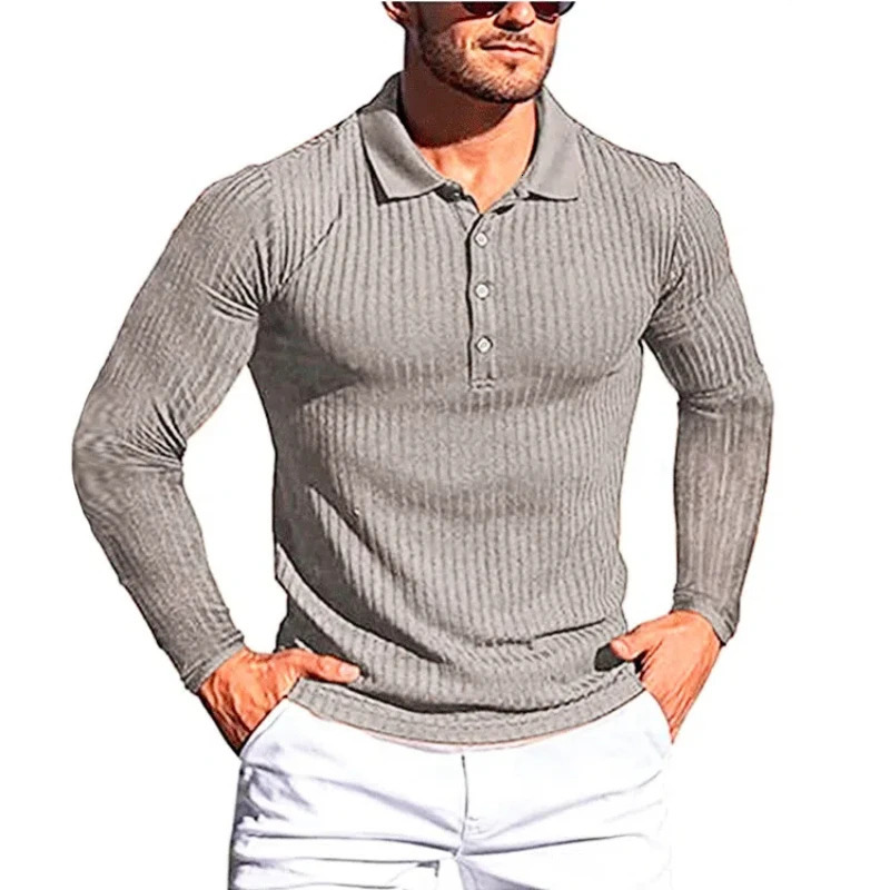 Mens Running Polo Shirt Summer Retro High Street High Elasticity Tees Vertical Stripe Long Sleeve Ultra Thin Knitted Top 250103
